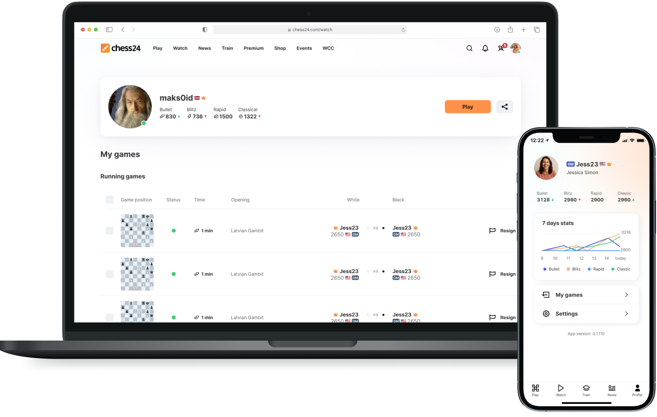 Chess24 User Profile on desktop and mobile